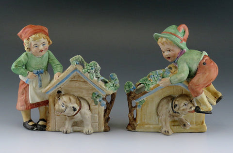 c1900 Antq Germany Huebach Bisque Porcelain Children w Dogs Doghouses Figurines