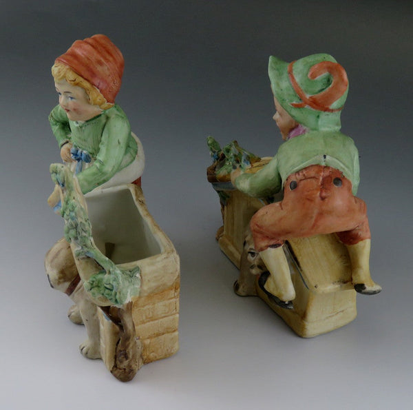 c1900 Antq Germany Huebach Bisque Porcelain Children w Dogs Doghouses Figurines