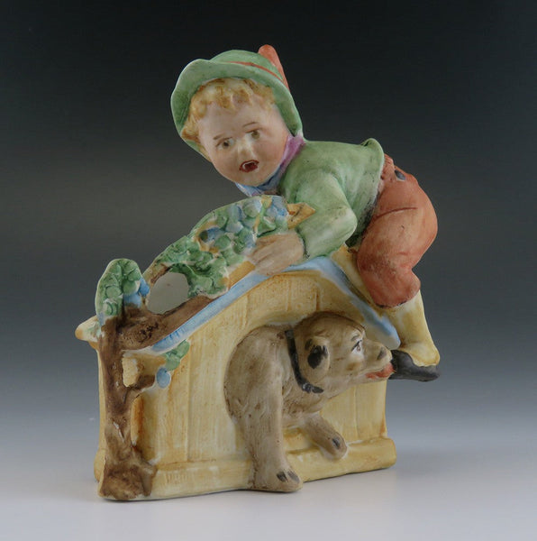c1900 Antq Germany Huebach Bisque Porcelain Children w Dogs Doghouses Figurines