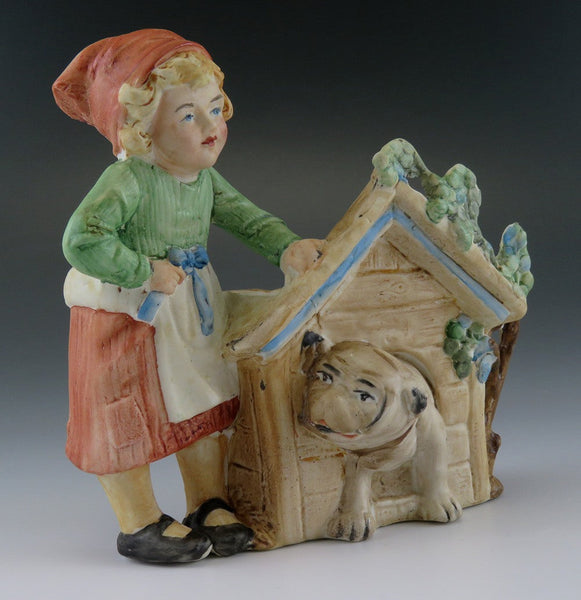 c1900 Antq Germany Huebach Bisque Porcelain Children w Dogs Doghouses Figurines