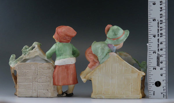 c1900 Antq Germany Huebach Bisque Porcelain Children w Dogs Doghouses Figurines
