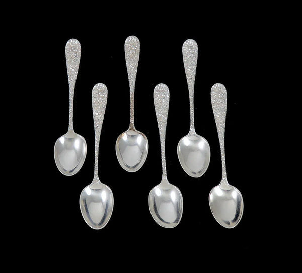 6 Antique Stieff Rose Repousse Flower Sterling Silver Demitasse Spoons 4 3/8"