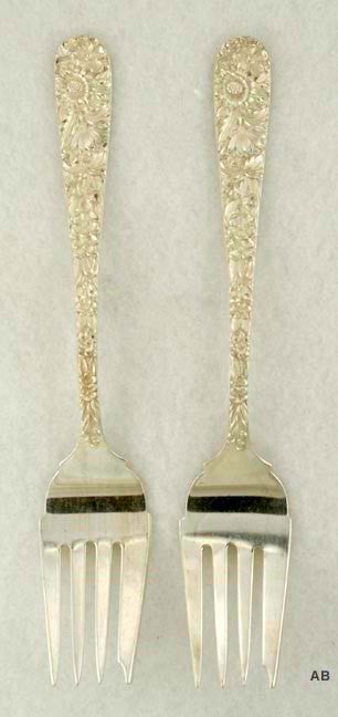 2 Kirk Sterling Silver Repousse Pattern Flower Salad Forks
