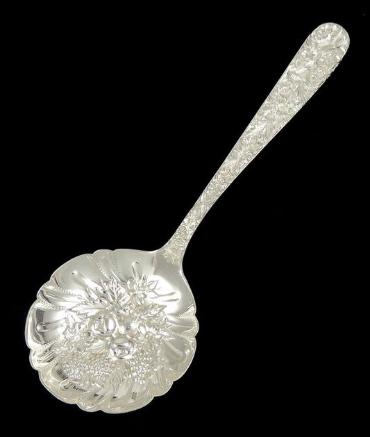 Antique c1930 Sterling Silver Kirk Repousse Flower Fruit Serving Spoon