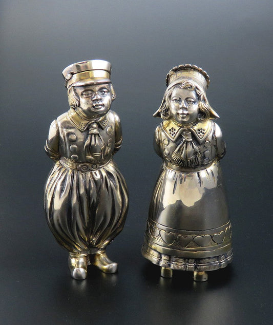 Cute Pair Antique German 800 Silver Dutch Boy and Girl Salt Pepper Shakers