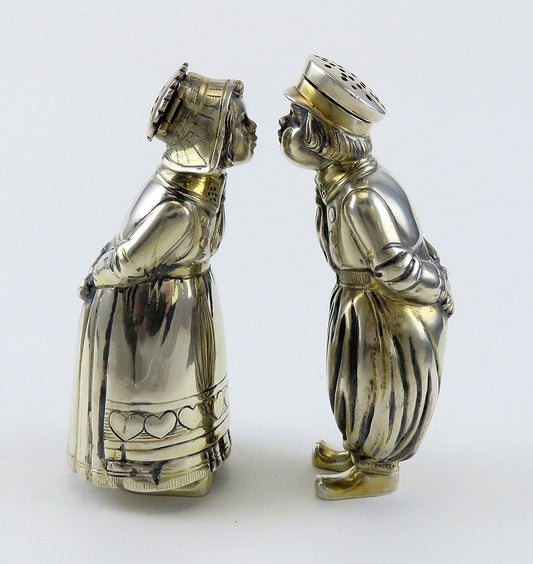 Cute Pair Antique German 800 Silver Dutch Boy and Girl Salt Pepper Shakers