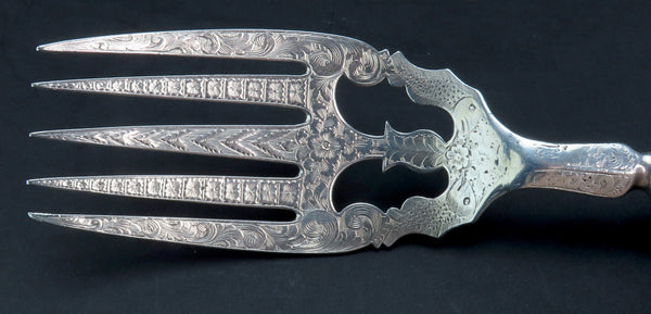 c1853 American Coin Silver Jenny Lind Fish Serving Set Hand Engraved