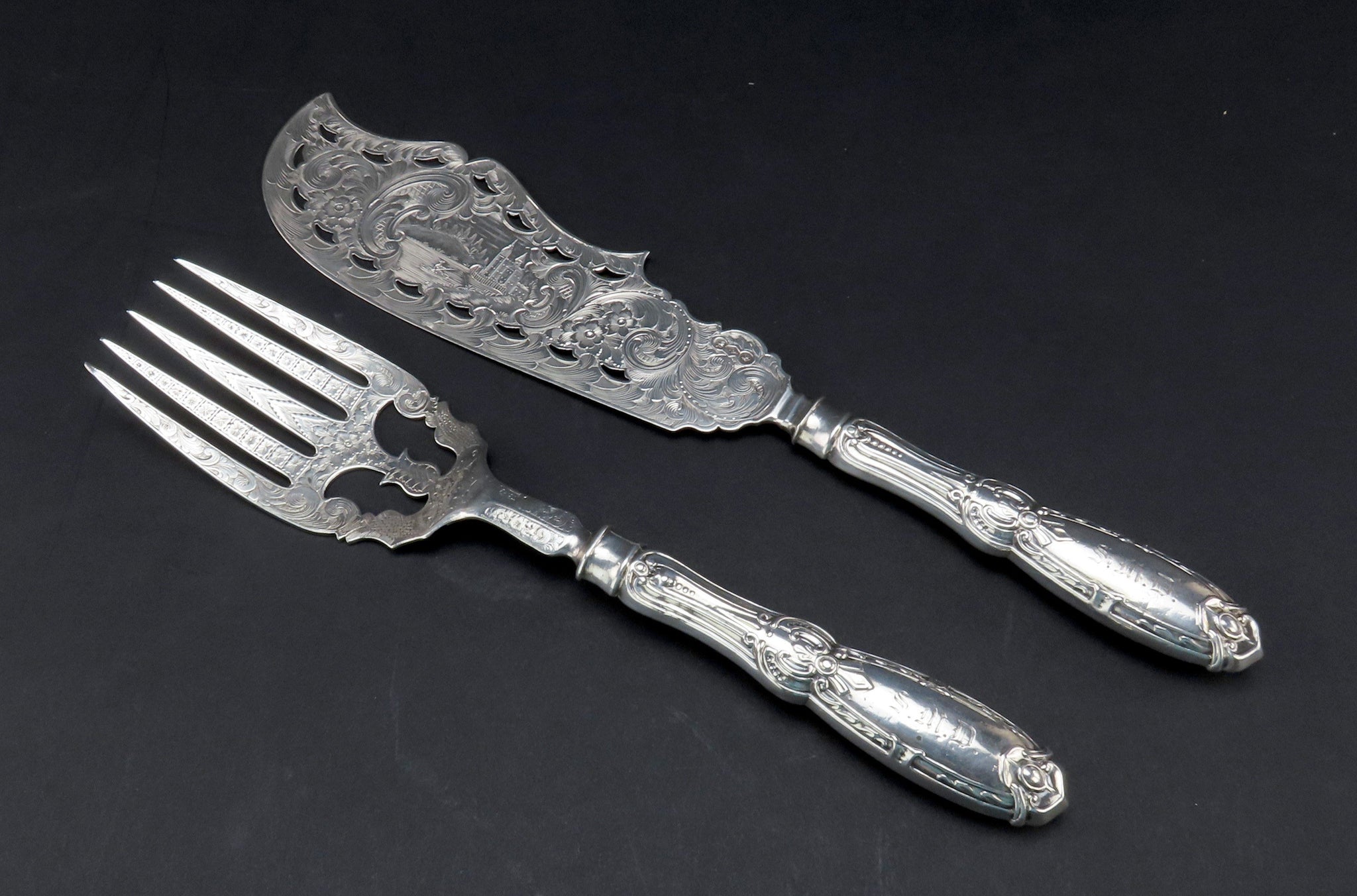 c1853 American Coin Silver Jenny Lind Fish Serving Set Hand Engraved