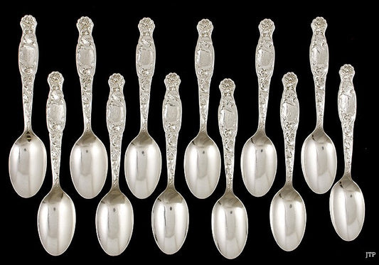 12 Whiting Heraldic Pattern Sterling Silver Teaspoons