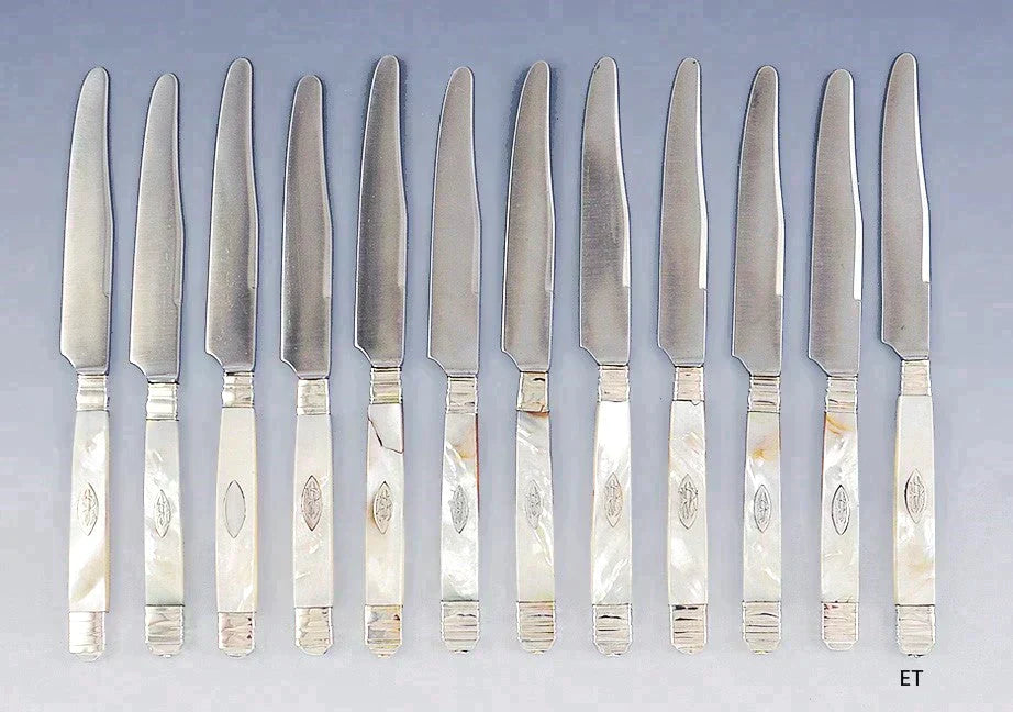 Fine set 12 French Silver MOP Handle Knives w/ Original Box