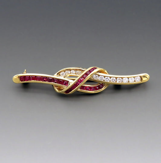 Lovely 18k Yellow Gold ~1.25ct Ruby ~.36ct Diamond Infinity Knot Bar Pin Brooch
