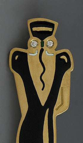 Art Deco Style Lady Italian 18K Gold Diamond Enamel Pin/Pendant Brooch