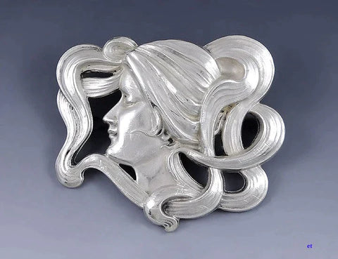 1890s Pretty Art Nouveau Sterling Lady W/ Swirling Hair Kerr Co Pin Brooch