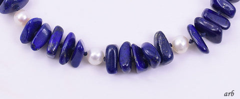 Fashionable Long Blue Lapis Lazuli and Real Pearl No-Clasp Necklace 33 Inches