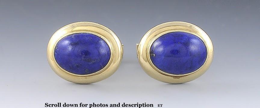 Handsome Pair Modern 14k Yellow Gold & Lapis Lazuli Cufflinks
