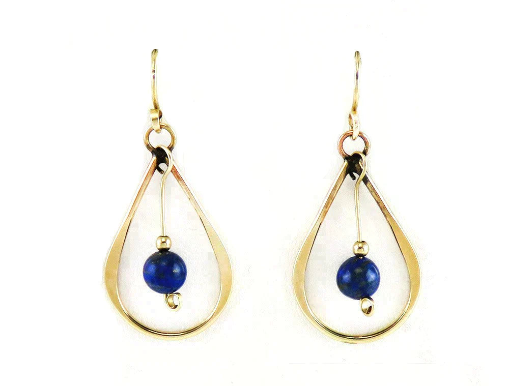 Handcrafted Pair 14K Yellow Gold & Lapis Lazuli Natural Stone Dangle Earrings