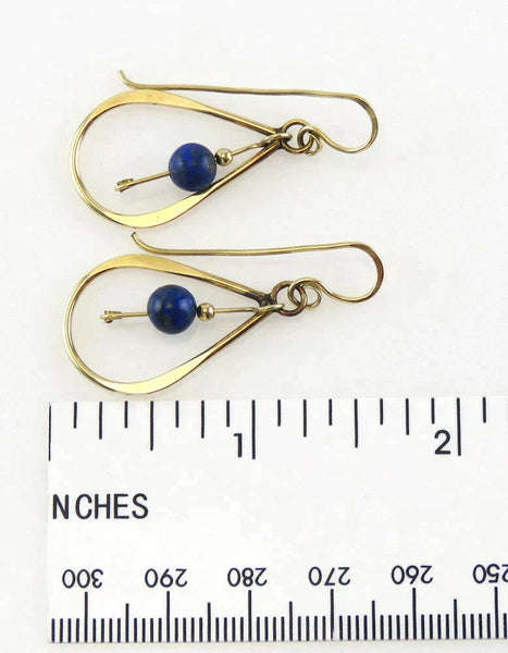 Handcrafted Pair 14K Yellow Gold & Lapis Lazuli Natural Stone Dangle Earrings