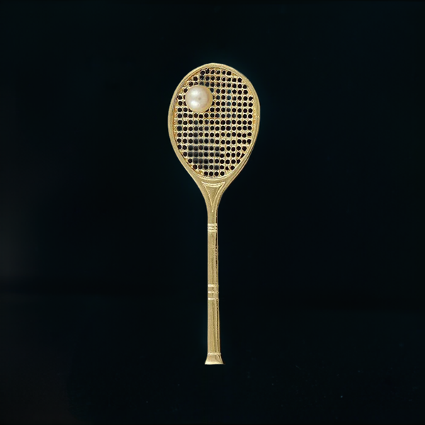 Realistic Detailed 14k Yellow Gold Pearl Tennis Racket Pin Brooch