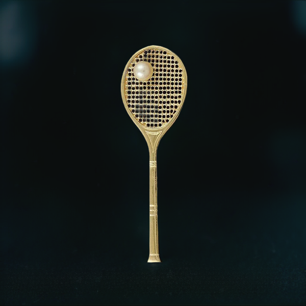 Realistic Detailed 14k Yellow Gold Pearl Tennis Racket Pin Brooch