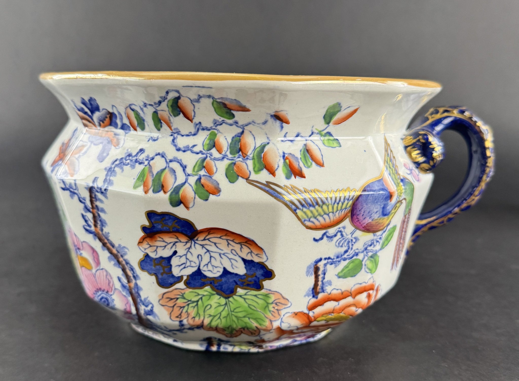 Rare c1820 Masons Ironstone China Flying Bird Chamber Pot w Snake Handle