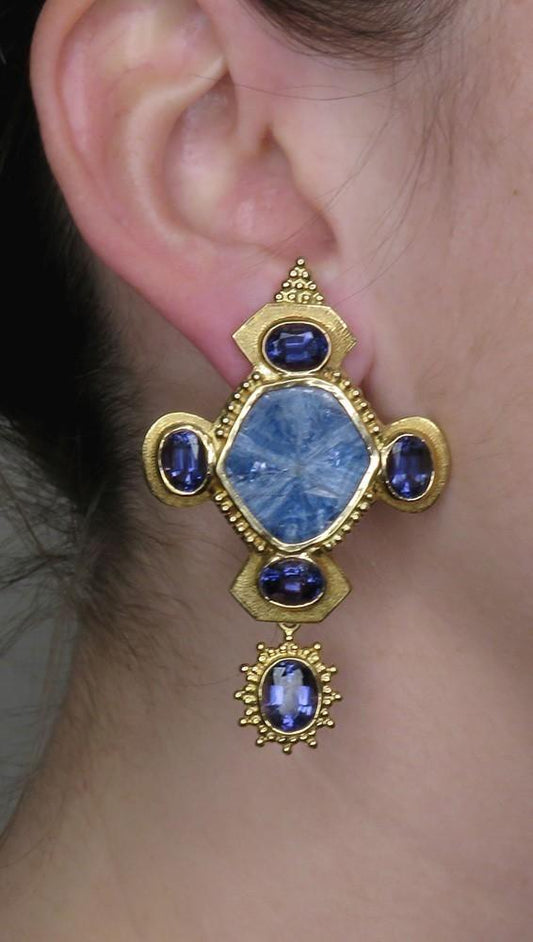 Exquisite Pair 18k Gold Natural Hexagonal Sapphire Slice ~8.75ct Iolite Earrings