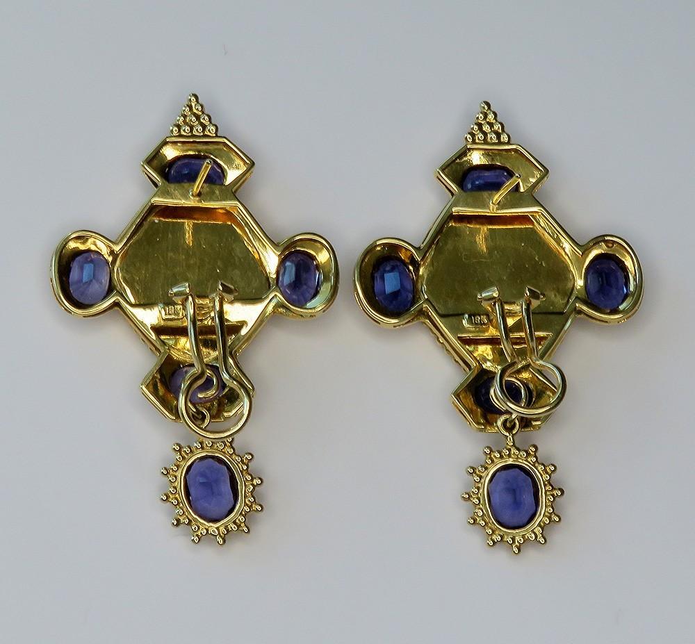 Exquisite Pair 18k Gold Natural Hexagonal Sapphire Slice ~8.75ct Iolite Earrings