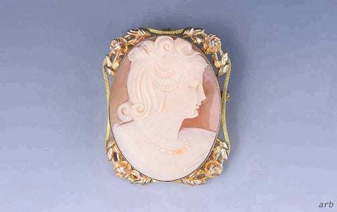 Nice Gold-Filled Beautifully-Carved Female Profile Shell Cameo w/ Floral Setting