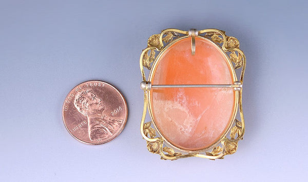 Nice Gold-Filled Beautifully-Carved Female Profile Shell Cameo w/ Floral Setting