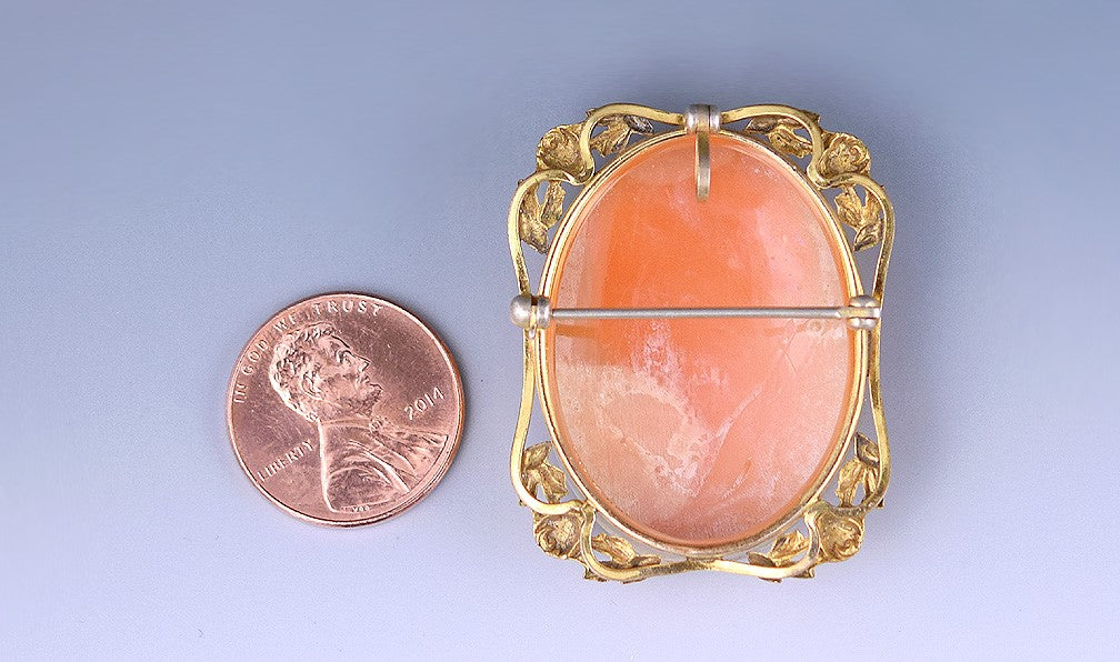 Nice Gold-Filled Beautifully-Carved Female Profile Shell Cameo w/ Floral Setting