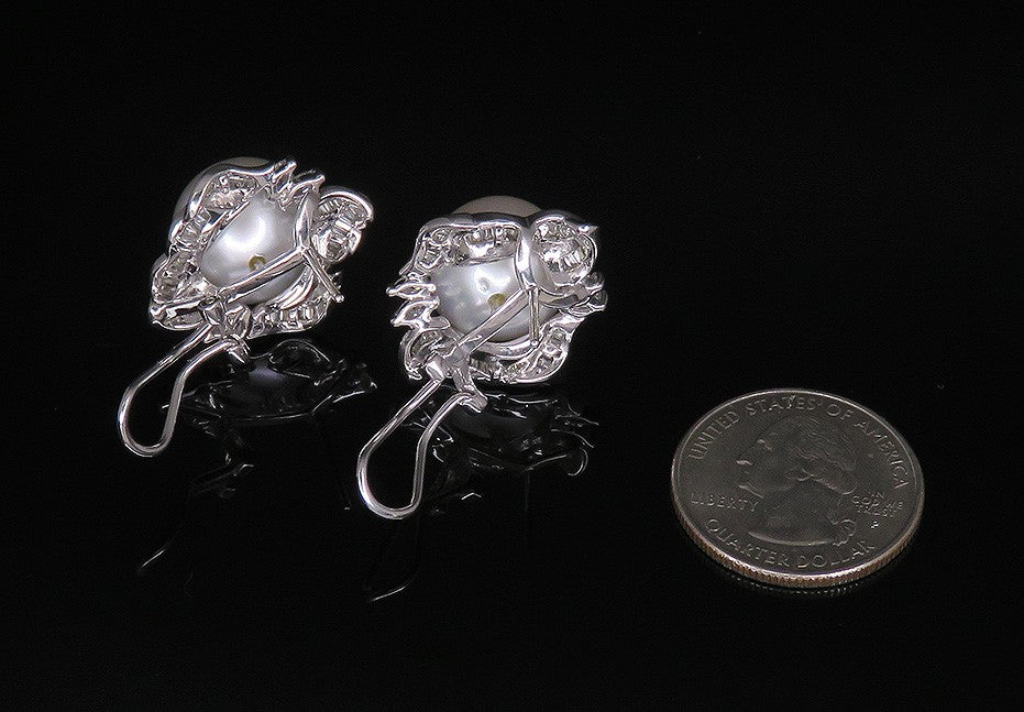 High End Designer 18K White Gold 14.5mm Pearl Diamond Gemstone Earrings