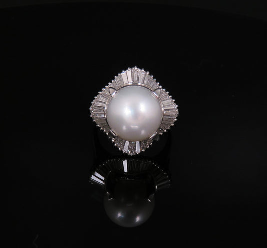Gorgeous Platinum 12mm Pearl Natural Diamond Statement Cocktail Ring
