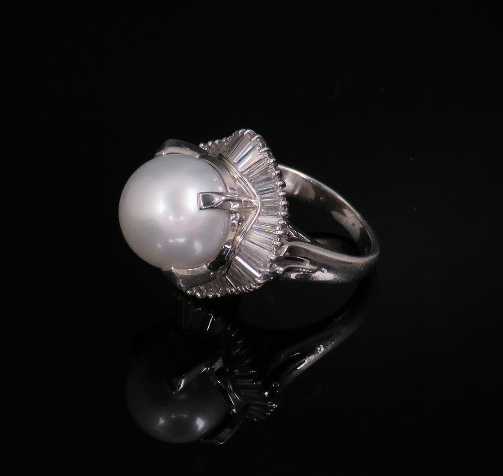 Gorgeous Platinum 12mm Pearl Natural Diamond Statement Cocktail Ring