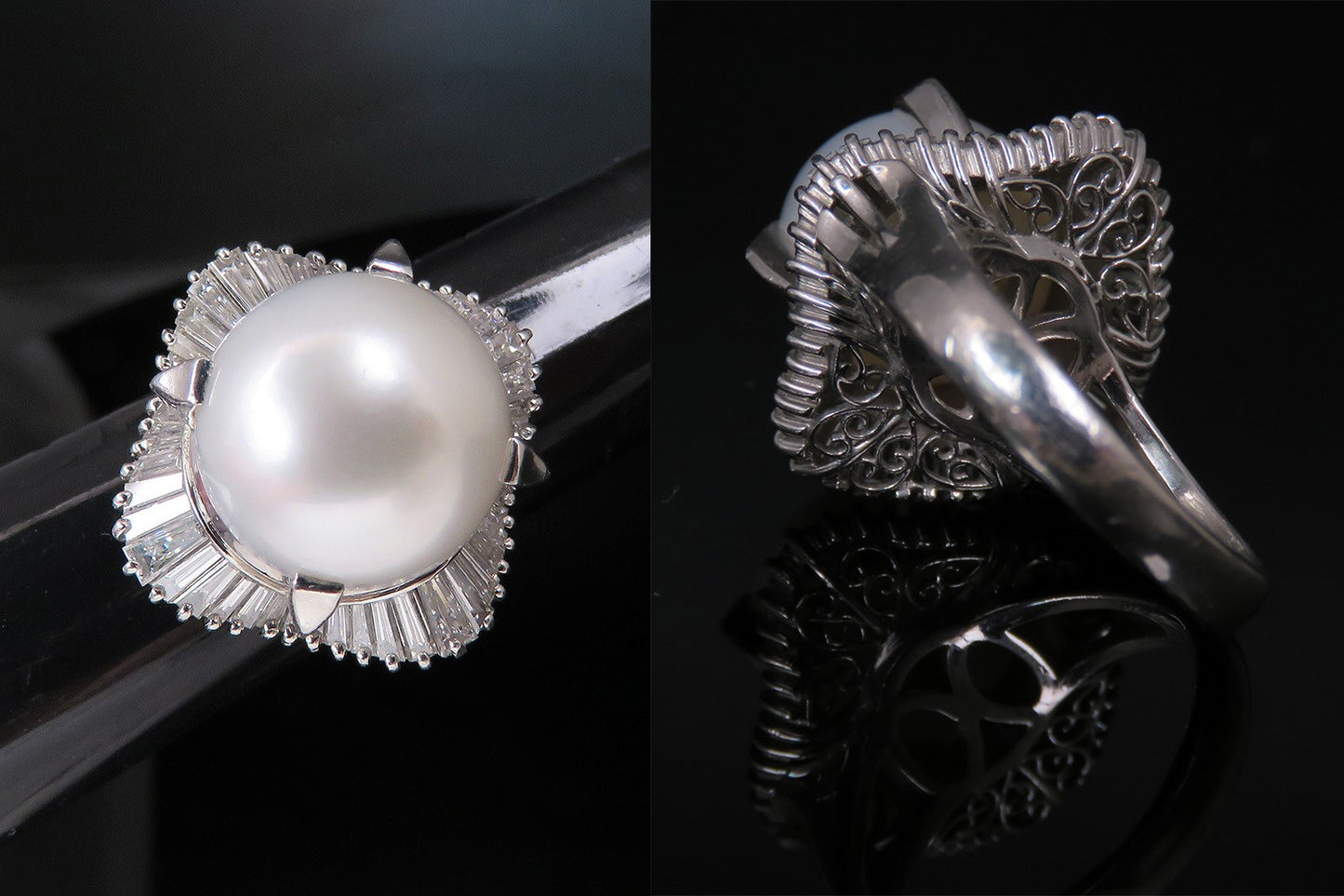 Gorgeous Platinum 12mm Pearl Natural Diamond Statement Cocktail Ring