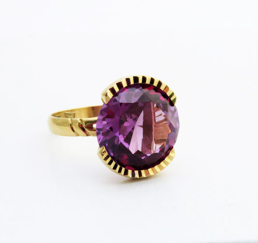 Retro Mexican 14K Gold 6.8 Carat Amethyst Gemstone Statement Cocktail Ring