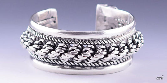 Marvelous Thick Width Turkish Silver Cuff Bracelet w/ Ropes and Woven Design