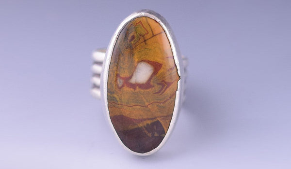 Earthy Vintage Sterling Silver Wide-Band Ring w/ Oval Brown Agate Stone Sz 8