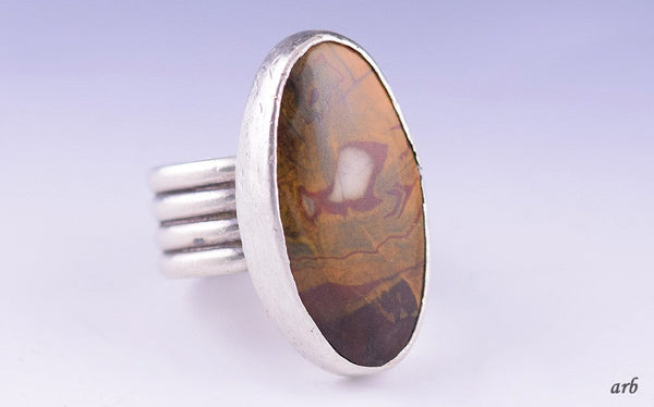 Earthy Vintage Sterling Silver Wide-Band Ring w/ Oval Brown Agate Stone Sz 8