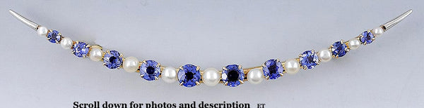 1918 14k Gold Platinum Sapphire Pearl Crescent Moon Brooch/Pin Large Size