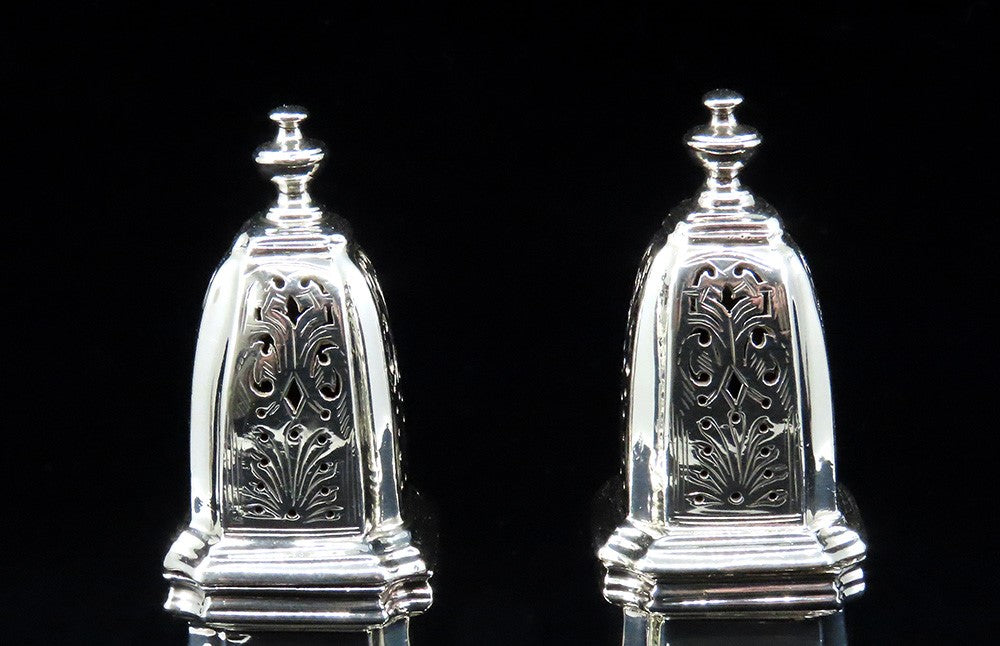 Impressive Pair English Britannia 958 Silver Queen Anne Style Shakers Casters