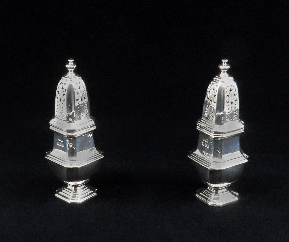 Impressive Pair English Britannia 958 Silver Queen Anne Style Shakers Casters