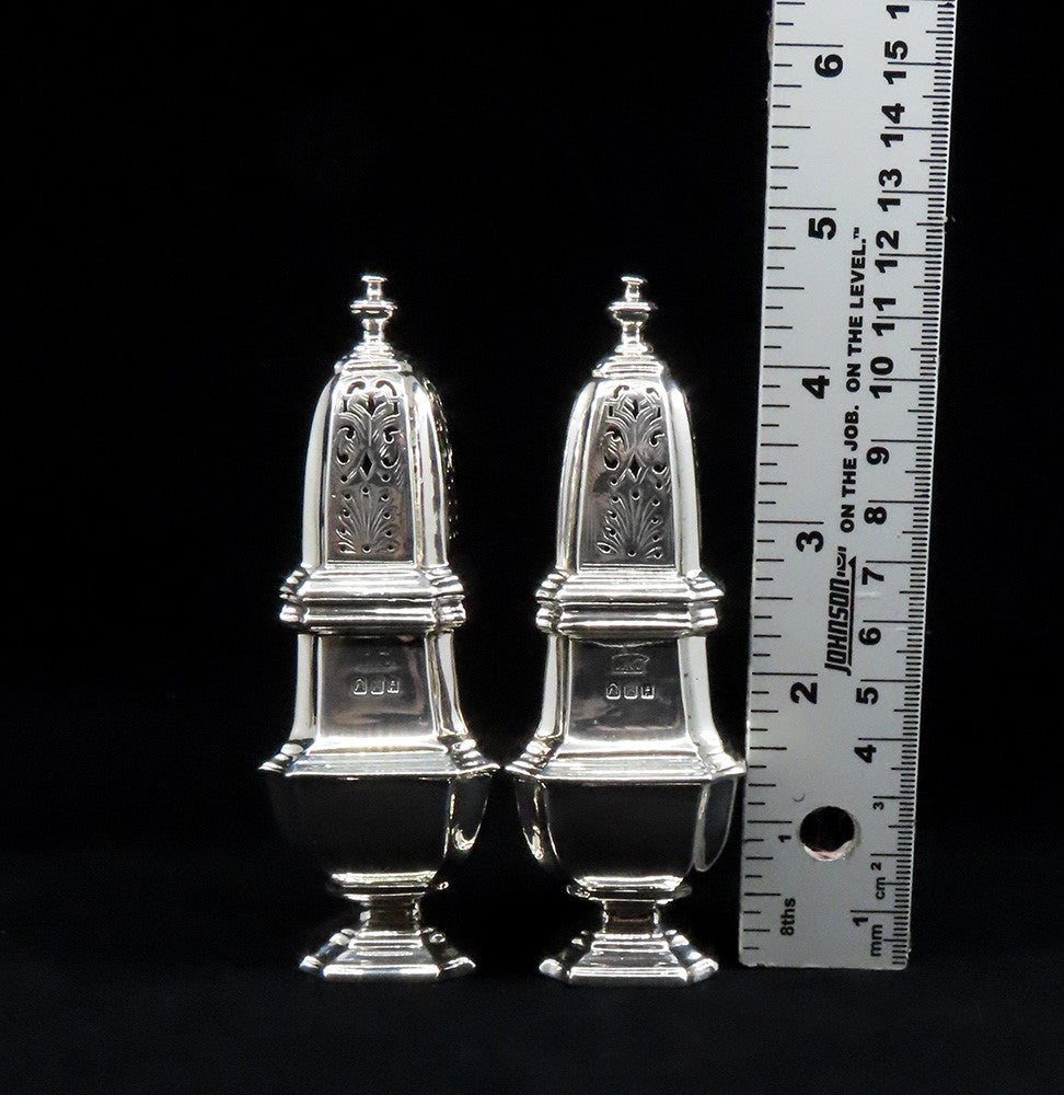 Impressive Pair English Britannia 958 Silver Queen Anne Style Shakers Casters