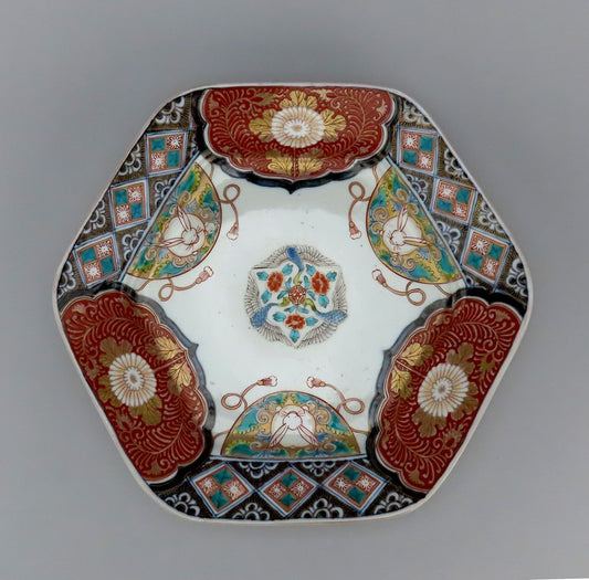 Large Gorgeous Japanese Imari Mid-1800s Hexagonal Serving Plate Rabbits Birds