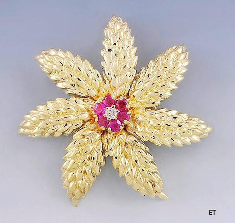 Beautiful 14k Yellow Gold Ruby & Diamond Flower Pin/Pendant