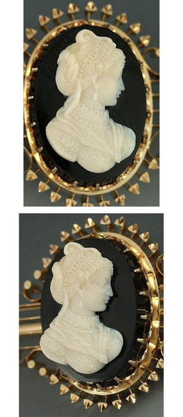 Victorian 14k Gold Carved Black & White Hardstone Cameo Brooch Pin