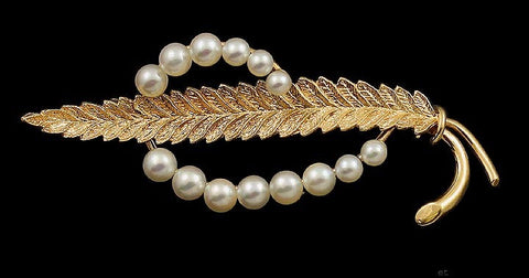 Excellent Quality 14k Yellow Gold Pearl Leaf Form Pin Brooch