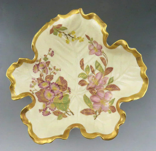 Antique 1887 Royal Worcester Ivory Porcelain Gilded Gold Flower Leaf Bowl/Dish