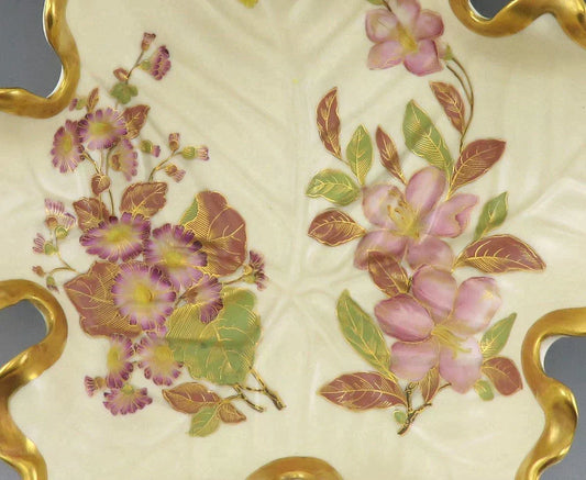 Antique 1887 Royal Worcester Ivory Porcelain Gilded Gold Flower Leaf Bowl/Dish