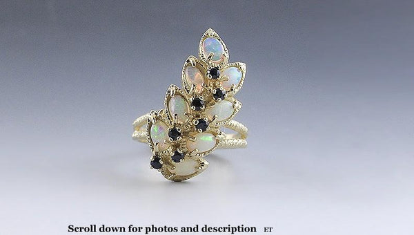 Gorgeous 14k Yellow Gold Fire Opal Sapphire Gemstone Leaf Flower Statement Ring