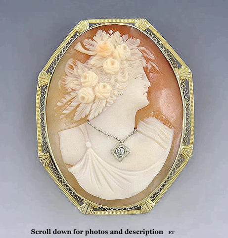 Lovely Hand Carved Cameo Young Woman Diamond 14k Gold Pin Brooch Pendant