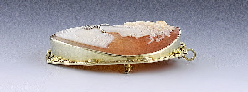 Lovely Hand Carved Cameo Young Woman Diamond 14k Gold Pin Brooch Pendant